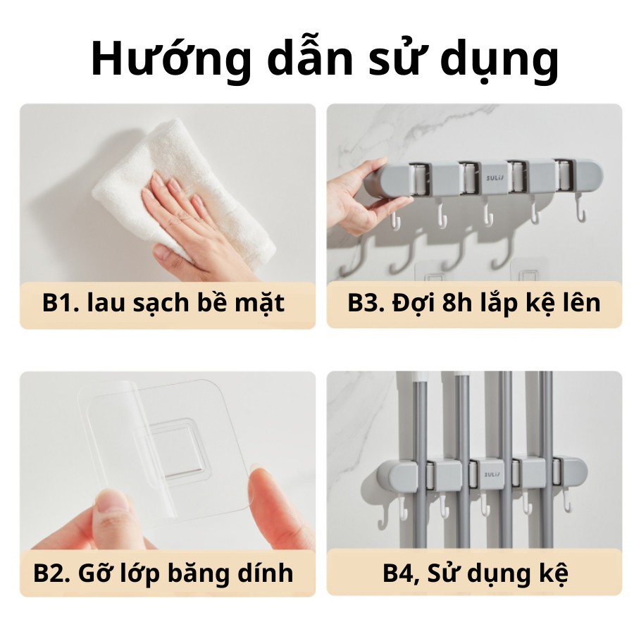 Kẹp Treo Chổi Dán Tường Kèm 5 Móc – Giá Treo Cây Lau Nhà Siêu Chắc, Không Khoan Tường, Chịu Lực Cao, Sắp Xếp Nhà Gọn Gàn