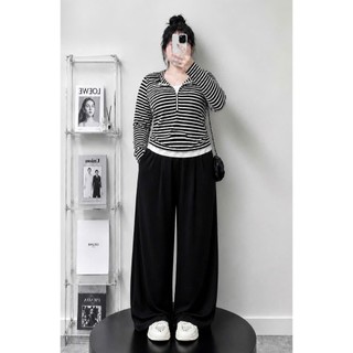 Set bigsize nữ phong cách Hàn Quốc áo sọc tay dài phối quần ống rộng, trẻ trung 55-92kg A340+Q558