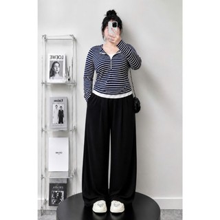 Set bigsize nữ phong cách Hàn Quốc áo sọc tay dài phối quần ống rộng, trẻ trung 55-92kg A340+Q558