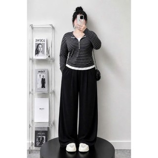 Set bigsize nữ phong cách Hàn Quốc áo sọc tay dài phối quần ống rộng, trẻ trung 55-92kg A340+Q558