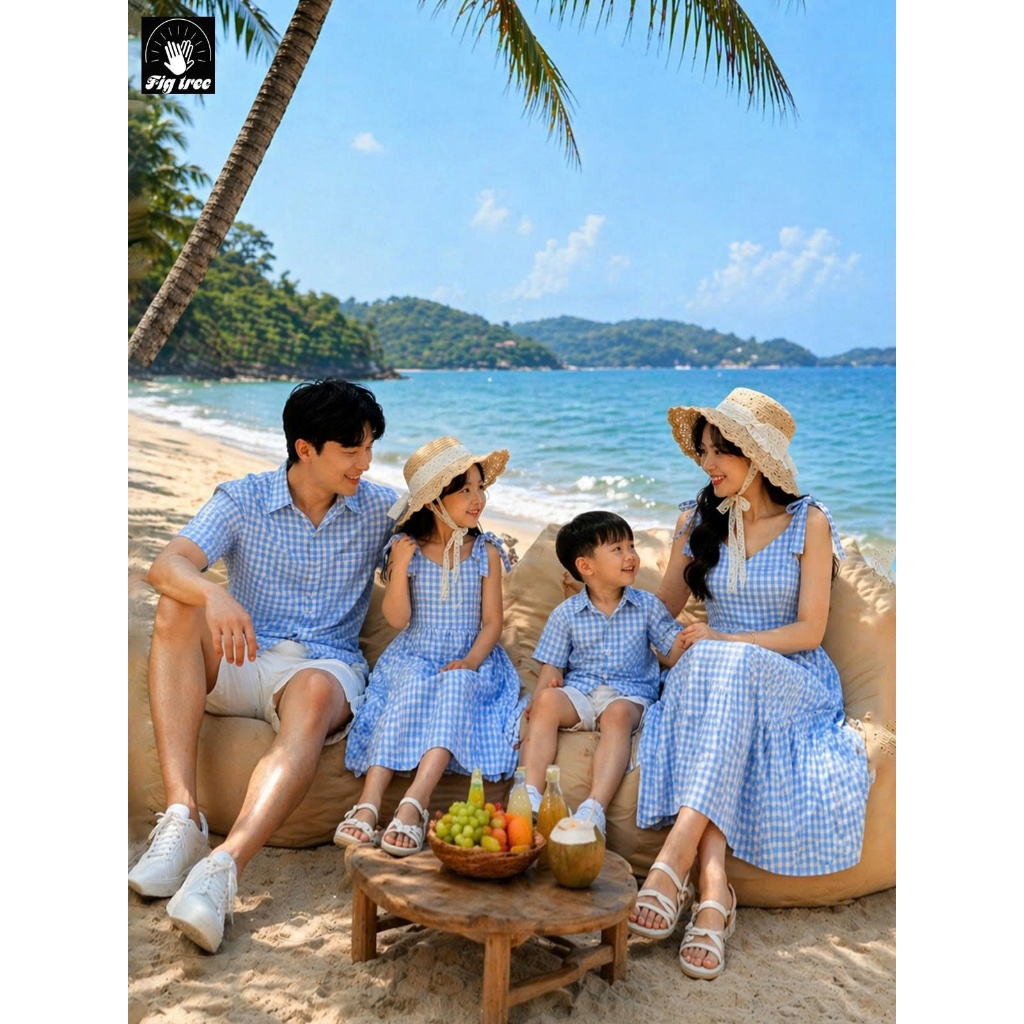 Đồ Gia Đình Fig Tree Caro Xanh Biển Model Cho Mùa Du Lịch, Hàng Thiết Kế Fullsize, ( MS : 170A)