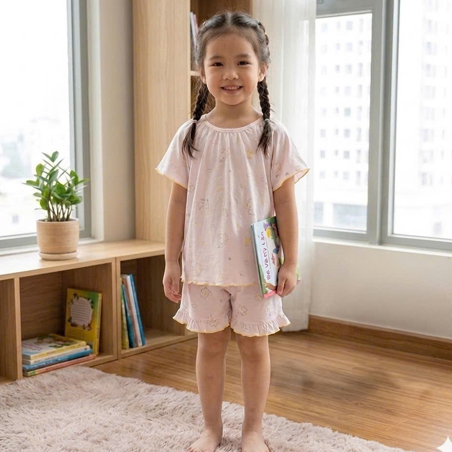 Bộ cộc tay bé gái Lá Homewear TCL2, bộ đùi cho bé gái vải tencel lycra mềm mỏng mát