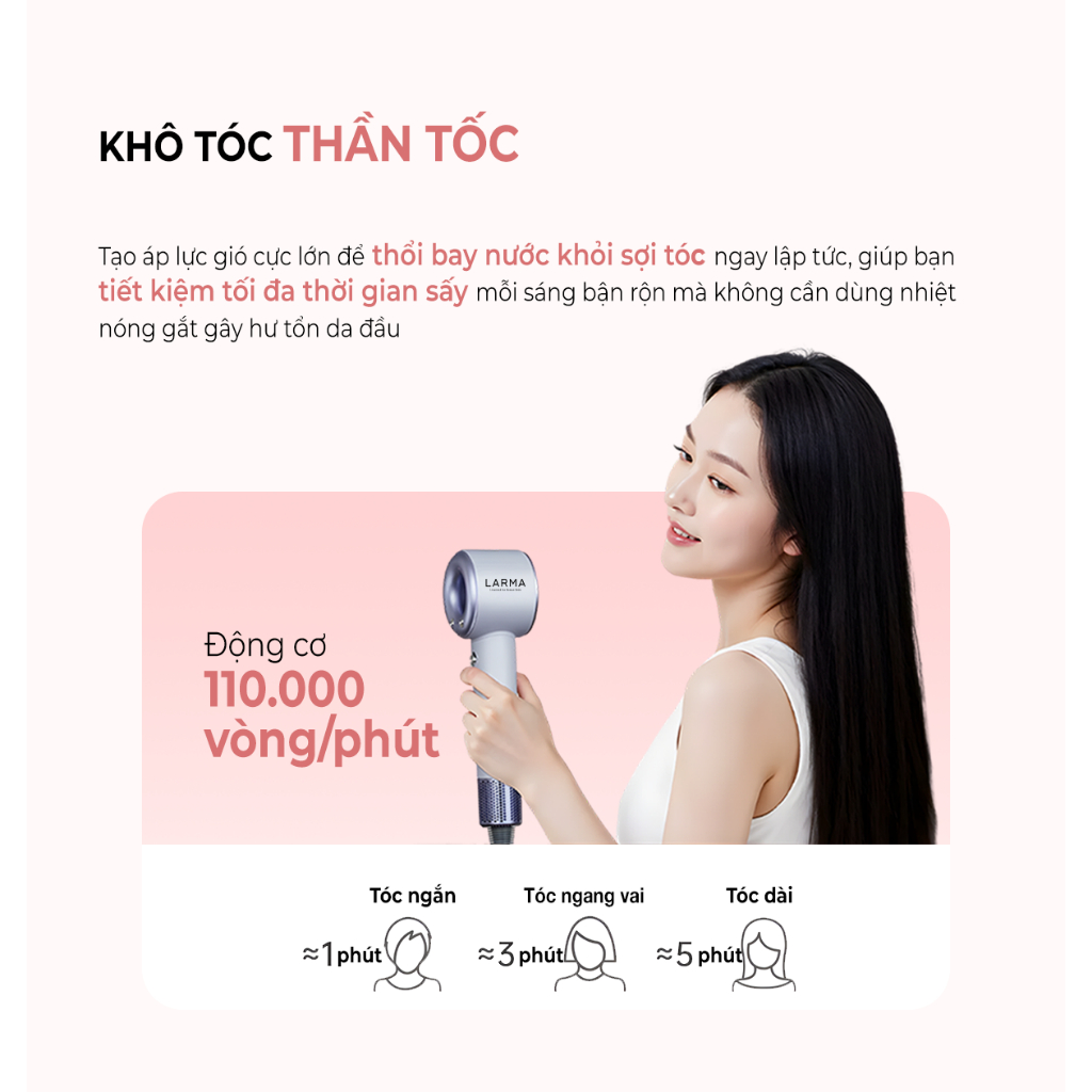 Máy sấy tóc ion âm Hàn Quốc Larma Air giảm xơ rối, sấy nhanh 3 phút, Chip nhiệt NTC không rát da đầu, Bảo Hành 12T