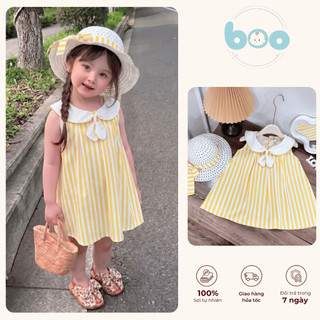 [Tặng mũ] Váy Cộc Tay Bé Gái Họa Tiết Kẻ Sọc Vàng Trắng Cổ Bèo Xinh Xắn Dáng Xoè Duyên Dáng