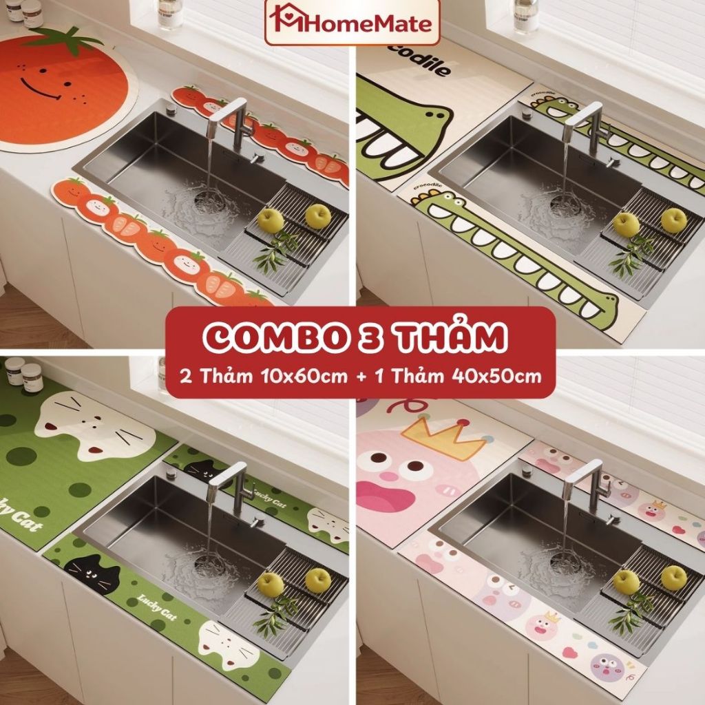 Bộ 3 Thảm Thấm Nước Bồn Rửa Bát – Thảm Bùn Tảo Cát Nhanh Khô, Chống Trượt, Lót Bếp Lau Nước Tiện Lợi
