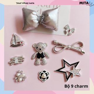 Bộ 9 Sticker, Charm 3D chủ đề Gấu thuyền nhựa cứng gắn Dép Sục, Cá sấu JB-435 Mita