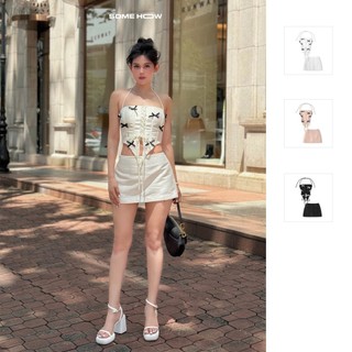 Set Áo Crop Nữ Bowtie String Short Skirt , Chất Vải Taffa Xước Thoải Mái , WSB088 SOME HOW STORE