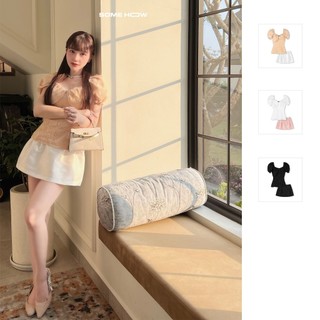 Set Nữ Short Pump Sleeve Top , Chất Vải Áo chất ren hoa Quần chất taffta nhũ , WSB042 SOME HOW STORE