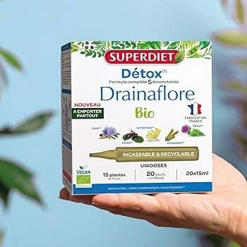H107_Thực phẩm bảo vệ sức khỏe SUPERDIET DRAINAFLORE BIO Hộp 20 ống nhựa của Pháp