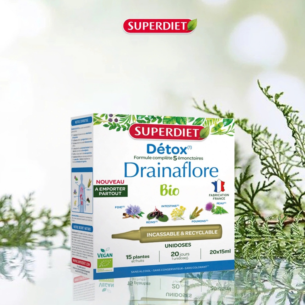 H107_Thực phẩm bảo vệ sức khỏe SUPERDIET DRAINAFLORE BIO Hộp 20 ống nhựa của Pháp