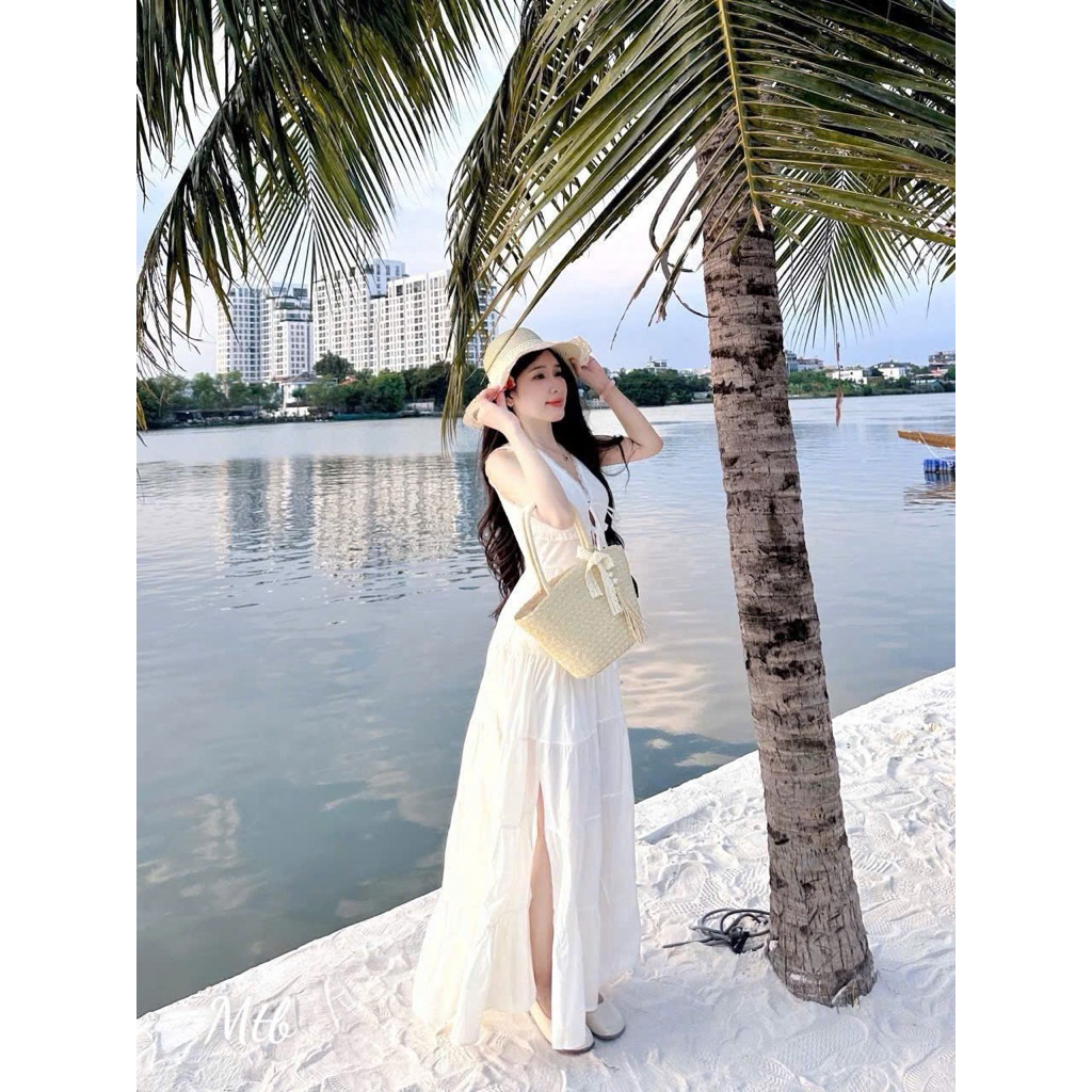 Set áo kiểu sát nách thắt nơ ngực phối chân váy dài xẻ tà màu trắng Set đồ nữ dễ thương mặc đi biển đi chơi