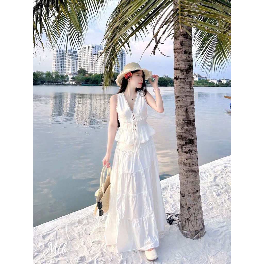 Set áo kiểu sát nách thắt nơ ngực phối chân váy dài xẻ tà màu trắng Set đồ nữ dễ thương mặc đi biển đi chơi