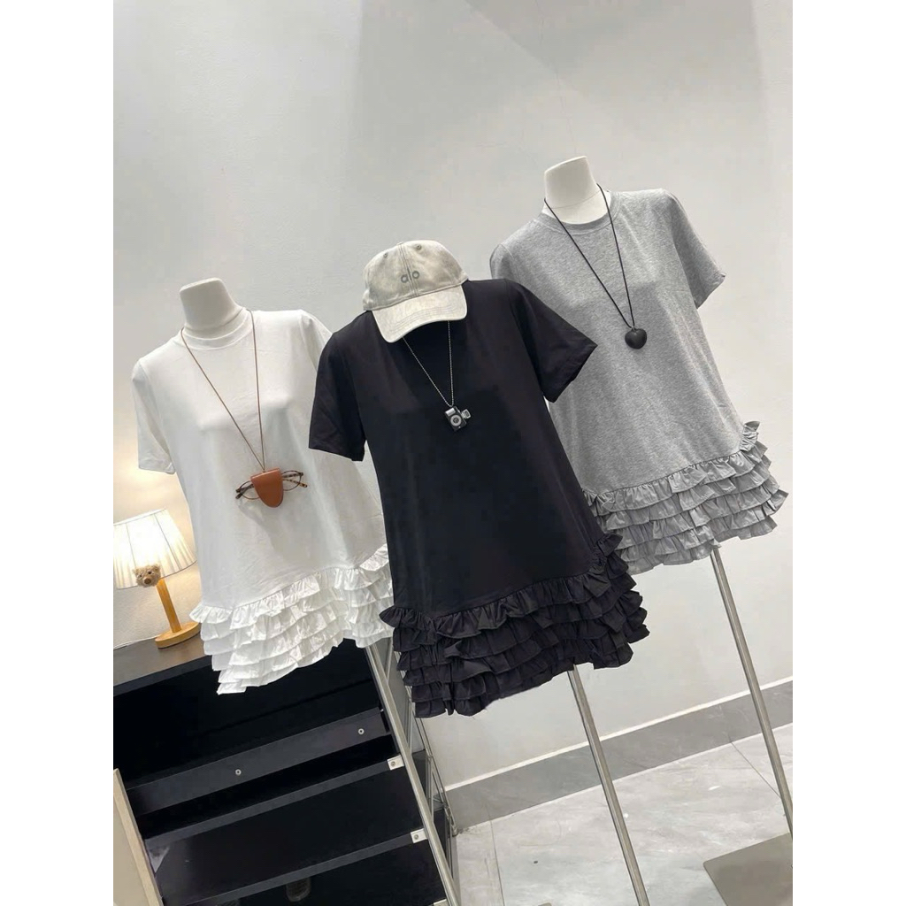 Váy suông dáng ngắn cổ tròn phối chân bèo tầng sanh chảnh, Váy babydoll from rộng tay ngắn phong cách basic trẻ trung