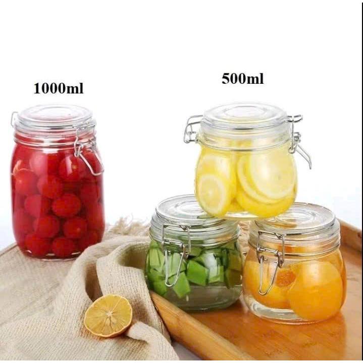 Hủ Thuỷ Tinh Tròn Quai Gài có nắp khoá dung tích 500-1000-2000 ml dùng đựng nước mứt trà trái cây