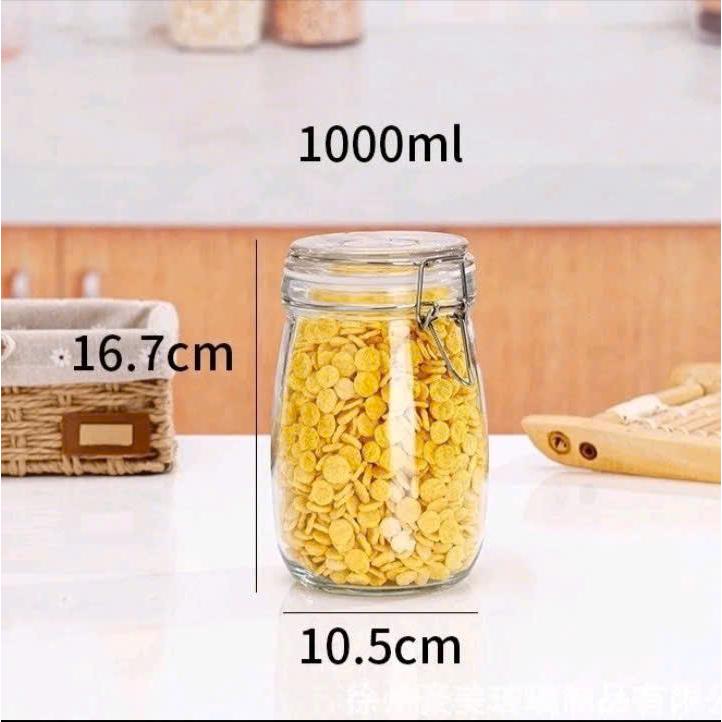 Hủ Thuỷ Tinh Tròn Quai Gài có nắp khoá dung tích 500-1000-2000 ml dùng đựng nước mứt trà trái cây