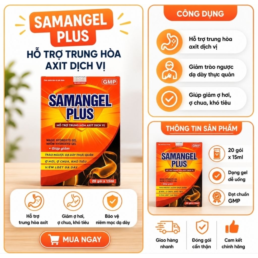 Gói sữa dạ dày Samagel plus, hỗ trợ đau dạ dày, trào ngược dạ dày thực quản ợ hơi ợ chua hộp 20 gói