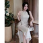 Đầm lụa chấm bi dáng dài thiết kế rúm eo thắt nơ sang chảnh , Váy dự tiệc dáng xoè phối chân xẻ tà cao cấp thanh lịch