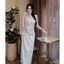 Đầm lụa chấm bi dáng dài thiết kế rúm eo thắt nơ sang chảnh , Váy dự tiệc dáng xoè phối chân xẻ tà cao cấp thanh lịch
