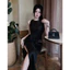 Đầm lụa chấm bi dáng dài thiết kế rúm eo thắt nơ sang chảnh , Váy dự tiệc dáng xoè phối chân xẻ tà cao cấp thanh lịch
