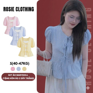Áo Kiểu Nữ Kẻ Sọc Babydoll Tay Phồng (Tặng Kèm Áo 2 Dây Trắng) Chất Đũi WAK019