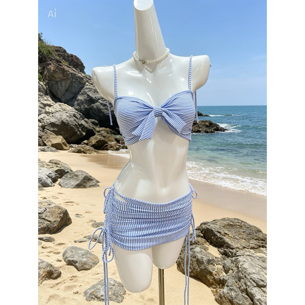 Bikini tina set 2 món & 3 món xanh sọc thắt nơ + chân váy rút ,tạo cảm giác quyến rũ ,màu sắc nhẹ nhàng tươi mát