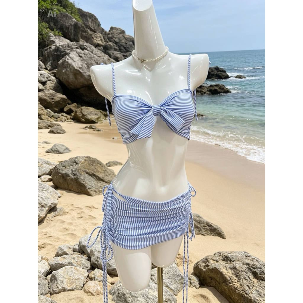 Bikini tina set 2 món & 3 món xanh sọc thắt nơ + chân váy rút ,tạo cảm giác quyến rũ ,màu sắc nhẹ nhàng tươi mát