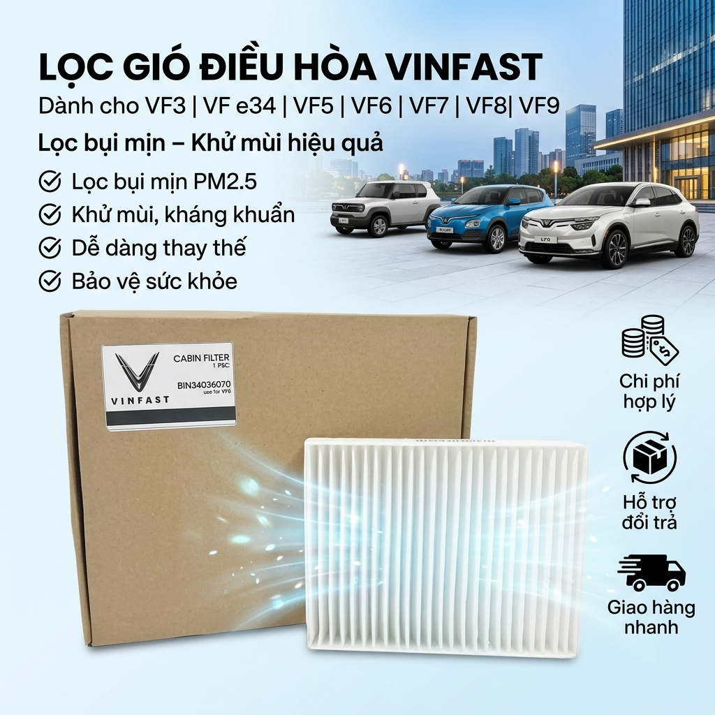 Lọc Gió Điều Hòa VinFast VF3 VF5 VF e34 VF6 VF7 VF8 VF9 FADIL Lọc Bụi Mịn, Khử Mùi Hiệu Quả