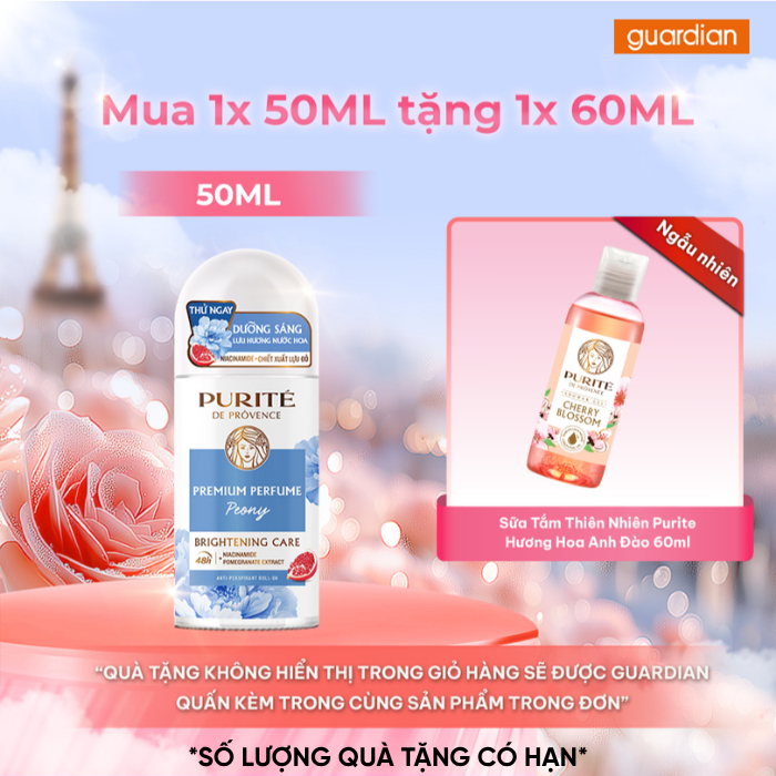 Lăn Khử Mùi Purite Làm Mịn Và Trắng Da Hương Mẫu Đơn 50ml Tặng Sữa Tắm 60ml