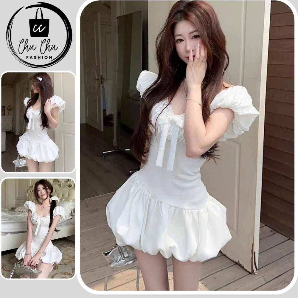[SẴN/CÓ MÚT] Set Váy Nữ Phồng Tay Phồng Tiểu Thư Đính Nơ Ngực Thiết Kế Ôm Eo Chất Vải Lụa Hàn Có Sẵn Mút Ngực