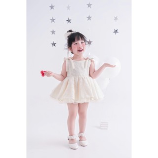 Váy ren CHOICHUU cao cấp phối nơ vai cho bé gái màu trắng kem