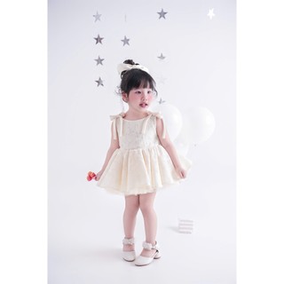 Váy ren CHOICHUU cao cấp phối nơ vai cho bé gái màu trắng kem