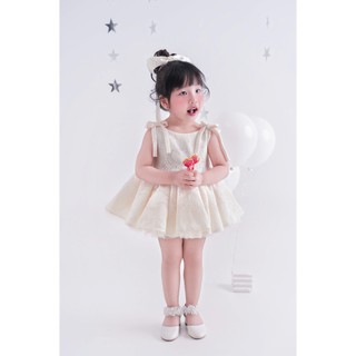 Váy ren CHOICHUU cao cấp phối nơ vai cho bé gái màu trắng kem