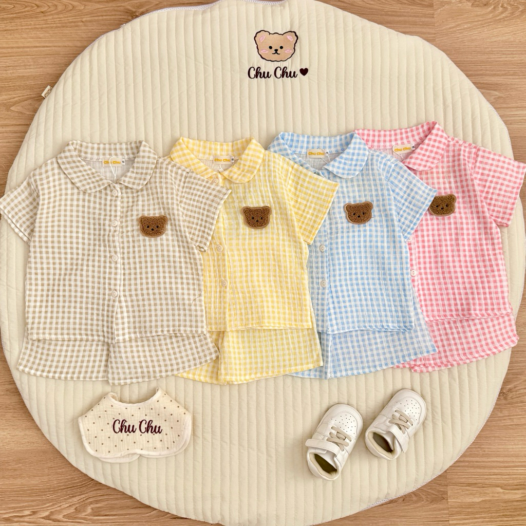 Đồ bộ trẻ em 9-24kg | Bộ caro vải Xô Muslin thấm hút mồ hôi, phối cổ dễ thương