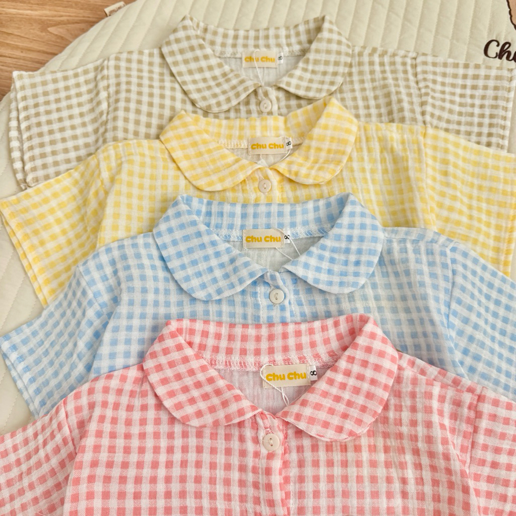 Đồ bộ trẻ em 9-24kg | Bộ caro vải Xô Muslin thấm hút mồ hôi, phối cổ dễ thương