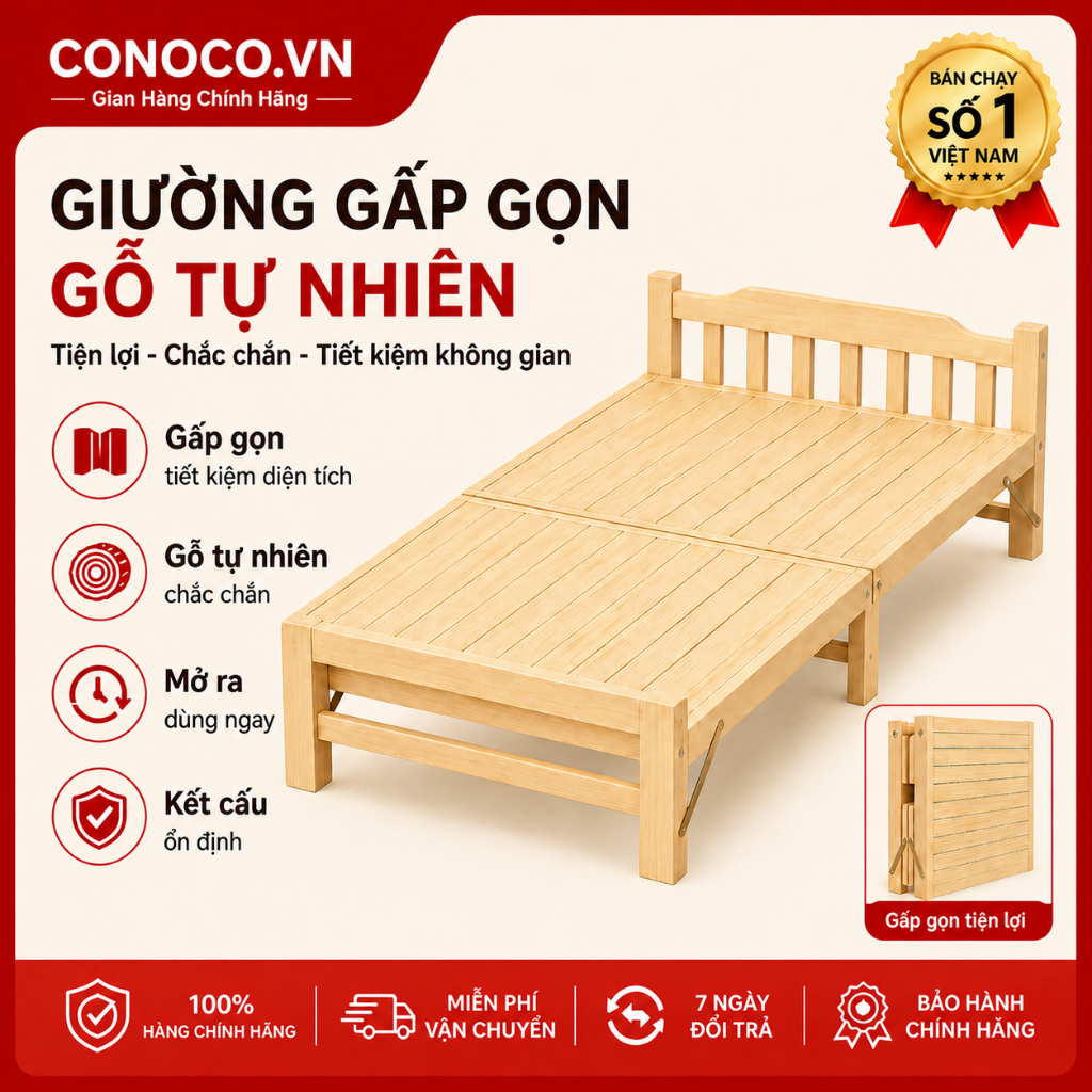CONOCO Giường gấp gọn gỗ tự nhiên 100% không cần lắp đặt, giường đơn cao cấp chắc chắn