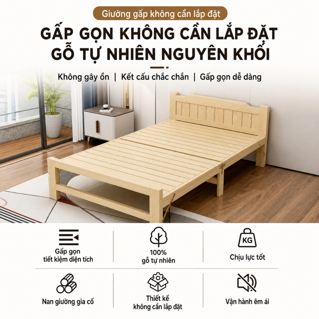 CONOCO Giường gấp gọn gỗ tự nhiên 100% không cần lắp đặt, giường đơn cao cấp chắc chắn