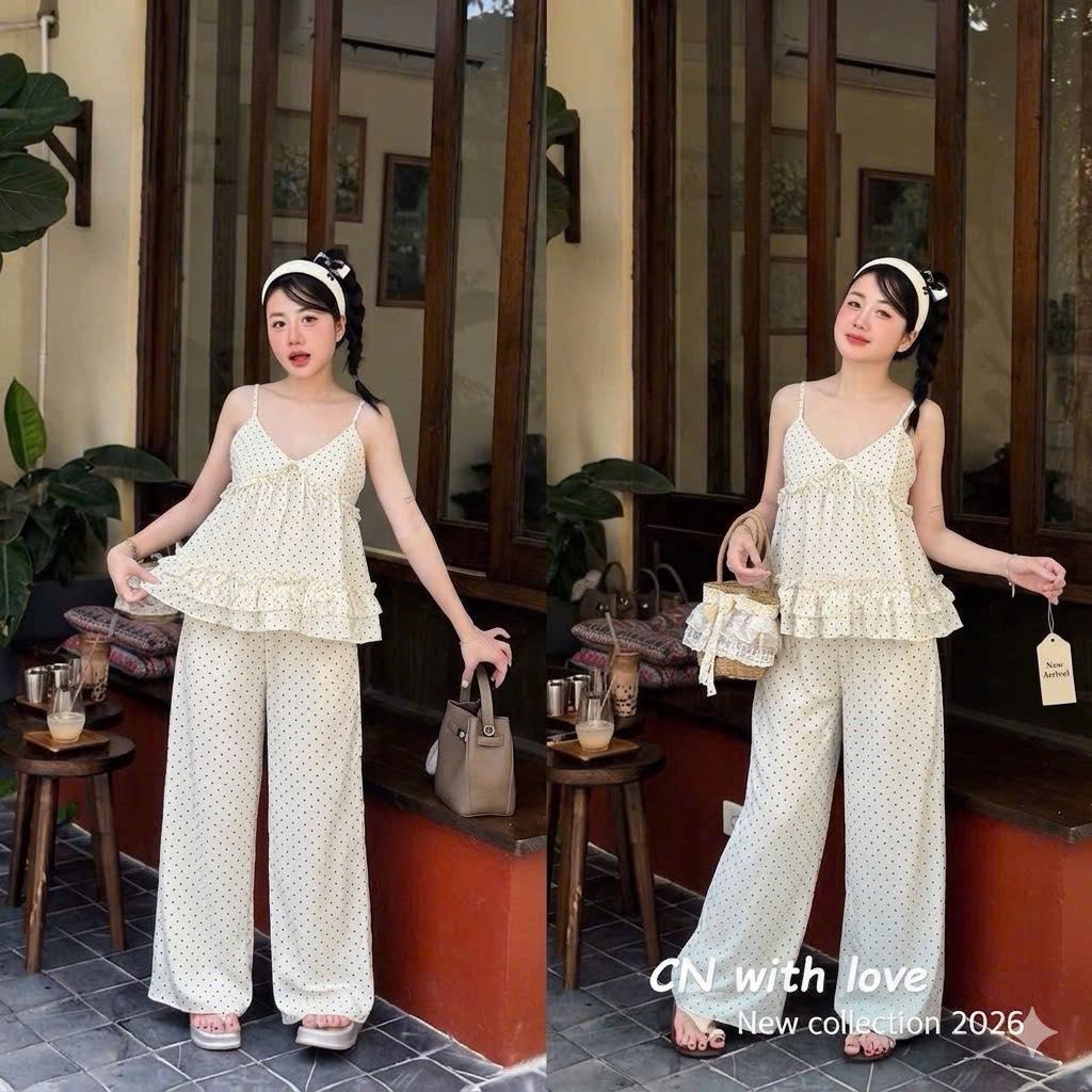 Set nữ 2 dây bèo tầng quần suông rộng , bộ áo quần đũi phong cách tiểu thư hè