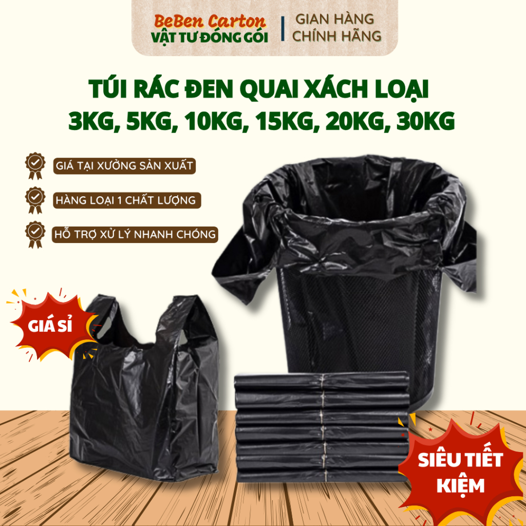 (GIÁ XƯỞNG) 1KG Túi Đen Đựng Rác Đủ Kích Thước, Gói Hàng Siêu Tiết Kiệm – Bé Bền Carton