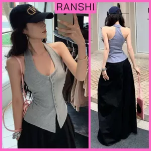 Áo Ba Lỗ Cổ Yếm Phối Nút Cài Dáng Dài RANSHI Nhún Eo Ôm Body Chất Thun Cotton Mềm Mát - RA359