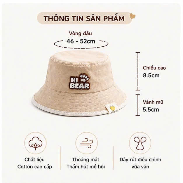 Mũ Bucket Cho Bé Có Dây Hi Bear – Mũ Tai Bèo Trẻ Em Hàn Quốc, Mũ Chống Nắng Cho Bé Dễ Thương