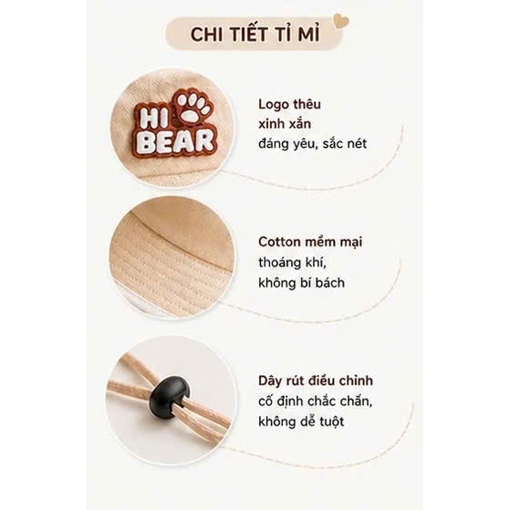 Mũ Bucket Cho Bé Có Dây Hi Bear – Mũ Tai Bèo Trẻ Em Hàn Quốc, Mũ Chống Nắng Cho Bé Dễ Thương