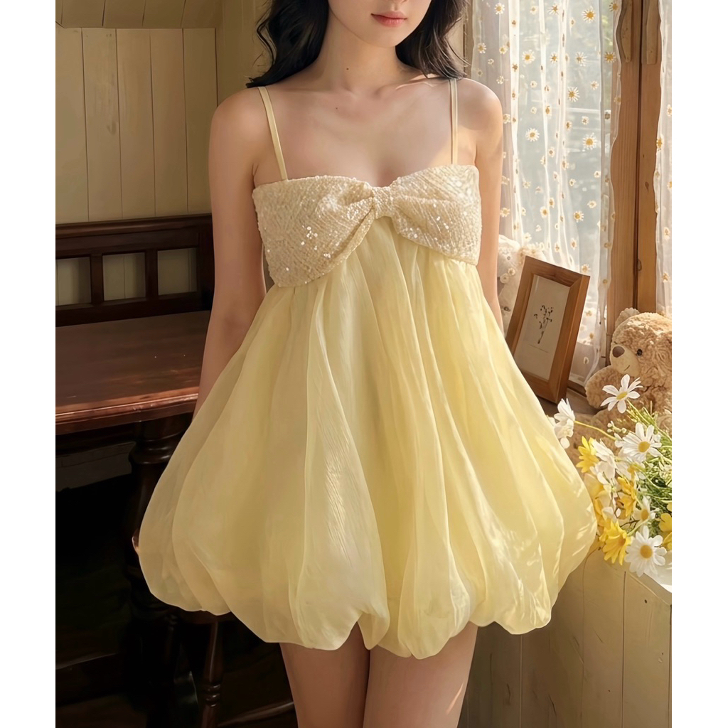 [Jiny Dress] Váy baby tơ vàng kèm quần mềm mịn bồng bềnh nơ ngực (Ảnh thật by Lynsie)
