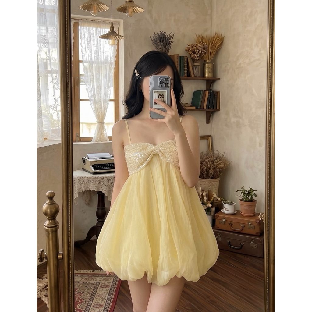 [Jiny Dress] Váy baby tơ vàng kèm quần mềm mịn bồng bềnh nơ ngực (Ảnh thật by Lynsie)
