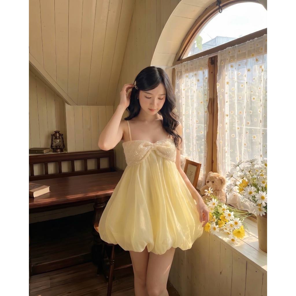 [Jiny Dress] Váy baby tơ vàng kèm quần mềm mịn bồng bềnh nơ ngực (Ảnh thật by Lynsie)