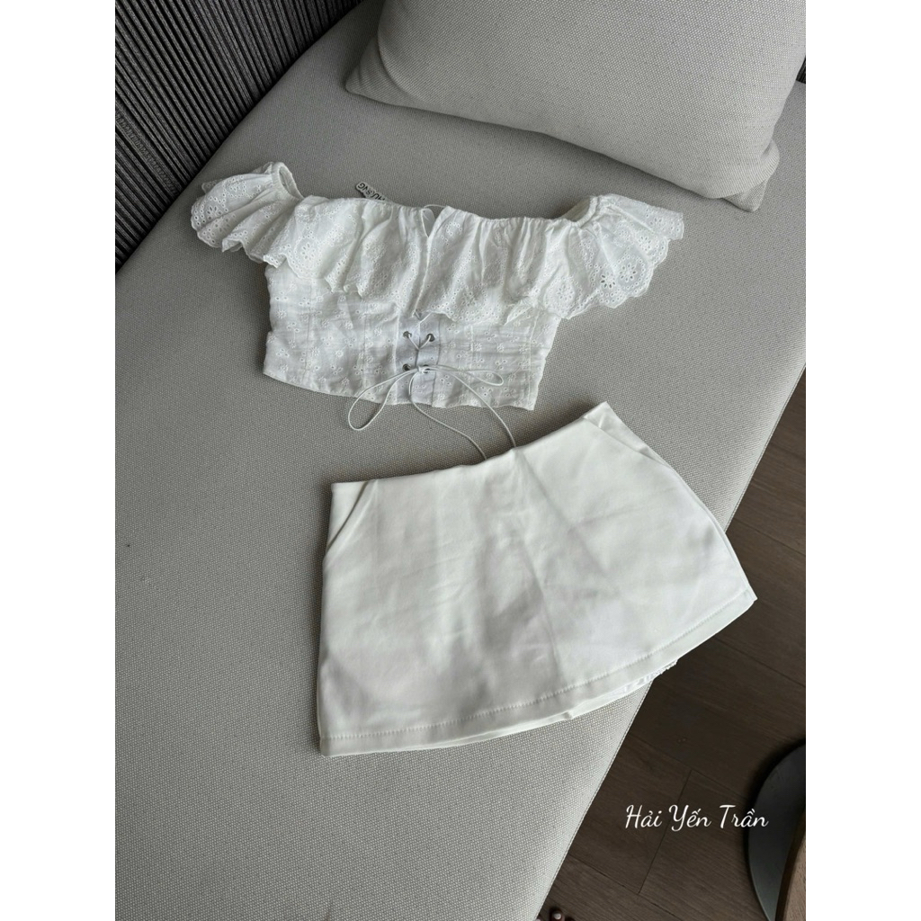 Set áo ren hoa trễ vai đan dây mix chân váy