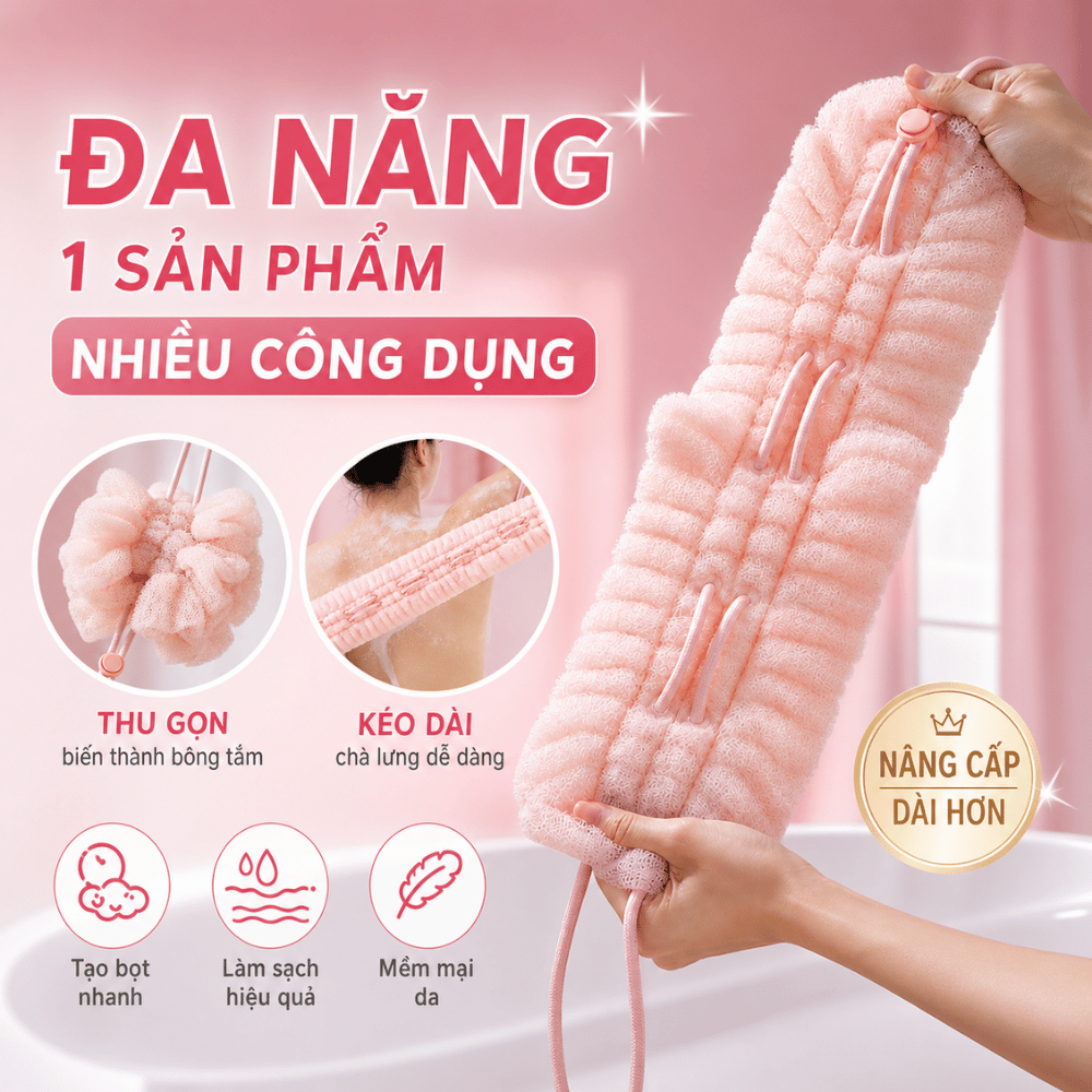Bông Tắm Lưới Tạo Bọt 2in1 Kéo Dài Chà Lưng RICHOUSE, Bông Tắm Dài Sợi Nylon Không Xù, Nâng Cấp