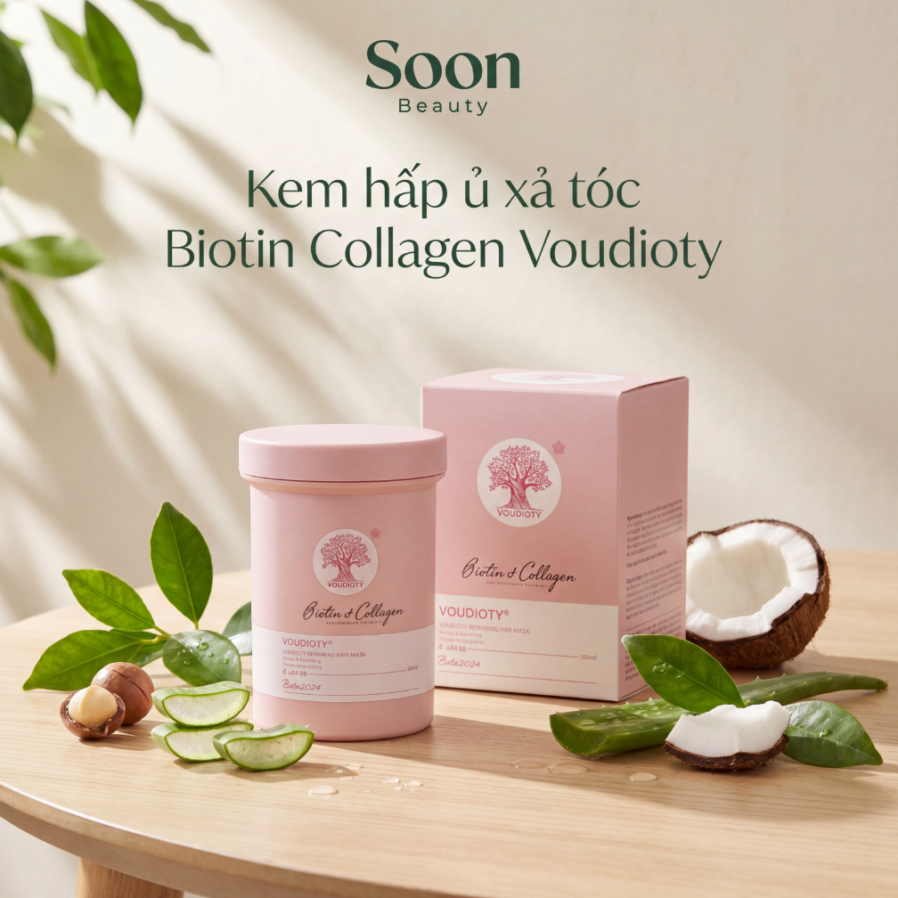 Kem hấp ủ xả tóc biotin collagen voudioty 500ml phục hồi tái sinh tóc hư tổn dưỡng tóc siêu mềm mượt