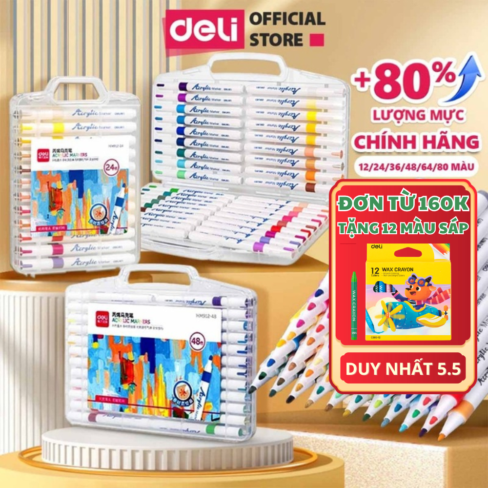 [TẶNG 12 MÀU ] Bút Sơn Acrylic Marker Deli TĂNG 80% MỰC Tiết Kiệm - 12/24/36/48/64/80 Màu Vẽ Mọi Chất Liệu Vẽ Custom DIY