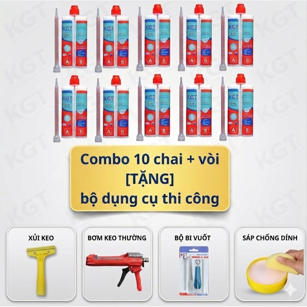 [Chính Hãng] Combo 10 Chai Keo Chà Ron Gạch Epoxy KGT 400ml - Tặng Súng Bơm Keo, Bộ Bi Miết Ron, Dao Vệ Sinh Ron, Sáp