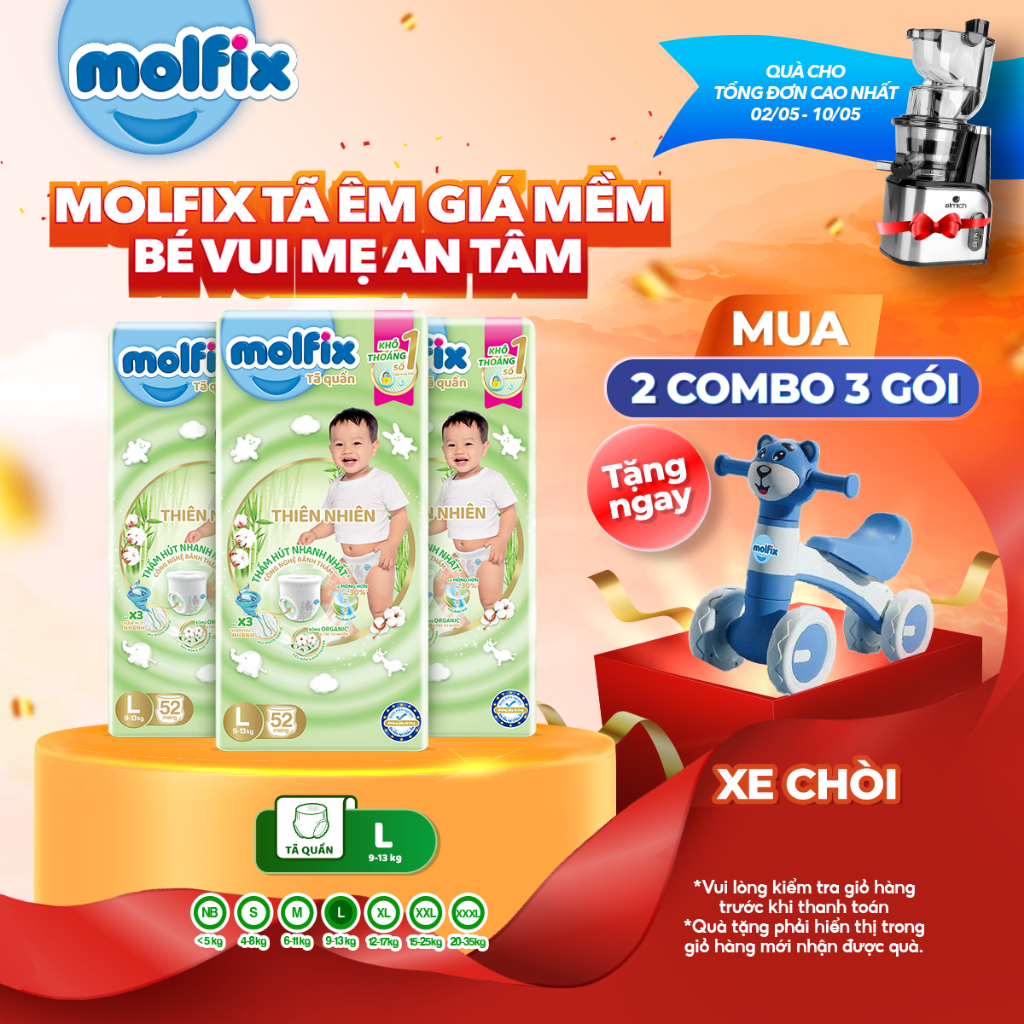 [Mua 6 gói_Tặng xe chòi] Combo 3 Tã/bỉm quần Molfix Thiên nhiên Super Jumbo size M/L/XL/XXL
